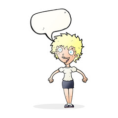 cartoon excited woman with speech bubble