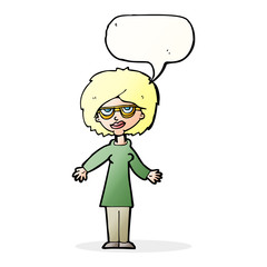 cartoon woman wearing glasses with speech bubble