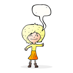 cartoon happy girl giving thumbs up symbol with speech bubble