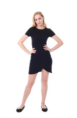 Fototapeta premium Full length portrait of an attractive professional woman wearing black dress suite and heels, isolated on a white background.