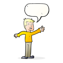cartoon worried man reaching with speech bubble
