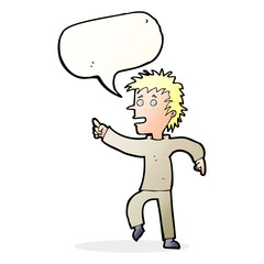 cartoon happy man pointing with speech bubble