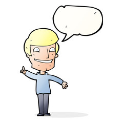 cartoon grinning man with idea with speech bubble