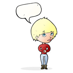 cartoon woman considering with speech bubble