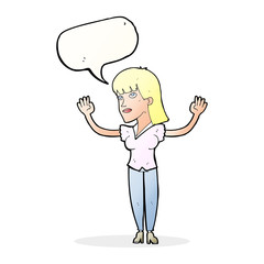 cartoon woman throwing hands in air with speech bubble