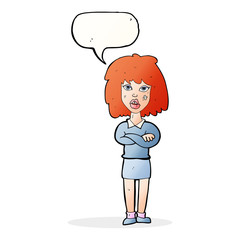 cartoon tough woman with folded arms with speech bubble