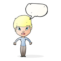 cartoon woman shrugging shoulders with speech bubble