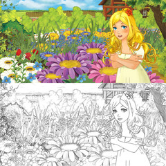 Obraz na płótnie Canvas Cartoon farm scene with little elf girl on flowers - with coloring page - image for different fairy tales - illustration for the children