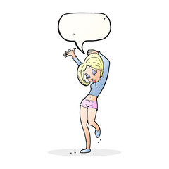cartoon pretty woman dancing with speech bubble