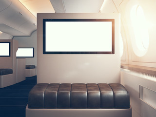 Photo of luxury airplane interior, first class. Blank digital panels holding. Horizontal mockup. 3d render