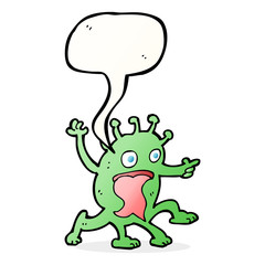 cartoon weird little alien with speech bubble