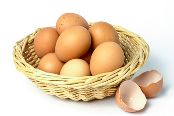 Eggs with broken shells on white background.