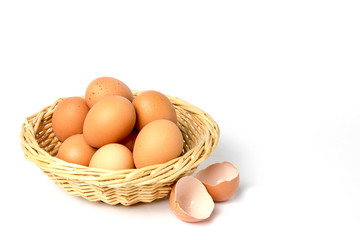 Eggs with broken shells on white background.