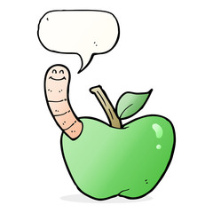 cartoon apple with worm with speech bubble