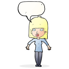 cartoon woman shrugging with speech bubble