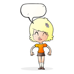 cartoon happy pretty woman  with speech bubble