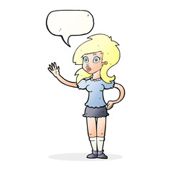 cartoon pretty woman waving for attention with speech bubble