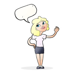 cartoon woman waving  with speech bubble