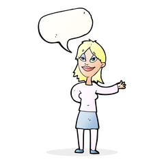 cartoon woman gesturing to show something with speech bubble