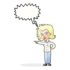 cartoon woman pointing with speech bubble