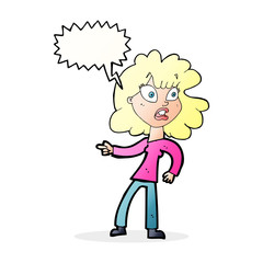 cartoon worried woman pointing with speech bubble