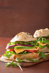 tomato avocado cheese sandwich with cucumber onion