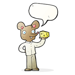 cartoon mouse holding cheese with speech bubble
