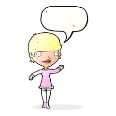 cartoon waving woman with speech bubble