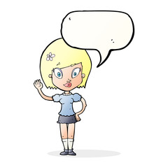 cartoon pretty girl waving with speech bubble