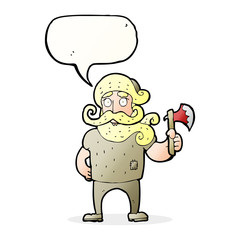 cartoon lumberjack with axe with speech bubble