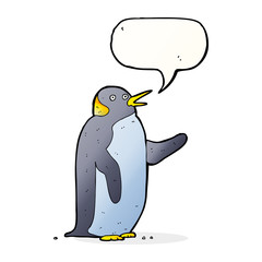 cartoon penguin waving with speech bubble