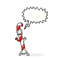cartoon dancing christmas candy cane with speech bubble
