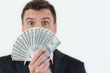 Businessman with money in studio on a white background