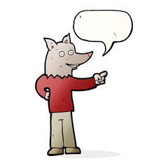 cartoon wolf man pointing with speech bubble