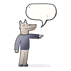cartoon wolf man pointing with speech bubble