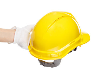 Fototapeta premium Construction helmet in the hand, isolated