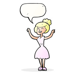 cartoon woman with raised arms with speech bubble