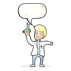 cartoon happy scientist with speech bubble