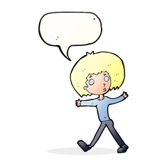 cartoon surprised man walking with speech bubble