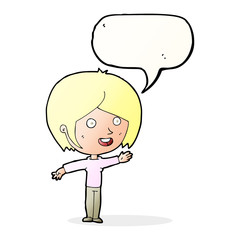 cartoon happy girl waving with speech bubble