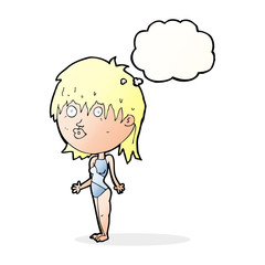 cartoon woman in swimsuit shrugging shoulders with speech bubble