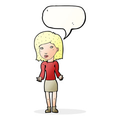 cartoon woman shrugging shoulders with speech bubble