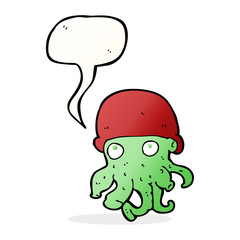 cartoon alien head wearing hat with speech bubble