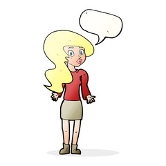 cartoon woman shrugging shoulders with speech bubble