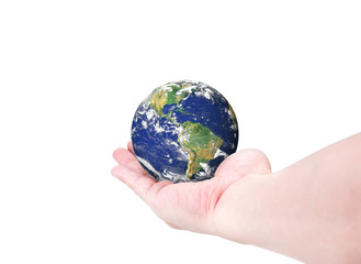 World globe(South and North America) on woman hand isolated on white background,Elements of this image furnished by NASA