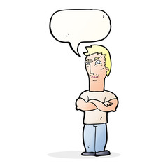 cartoon annoyed man with folded arms with speech bubble