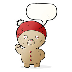 cartoon waving teddy bear in winter hat with speech bubble