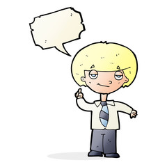 cartoon school boy answering question with speech bubble