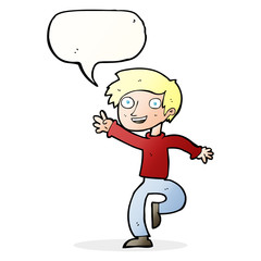 cartoon excited boy dancing with speech bubble