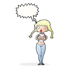 cartoon offended woman covering herself with speech bubble